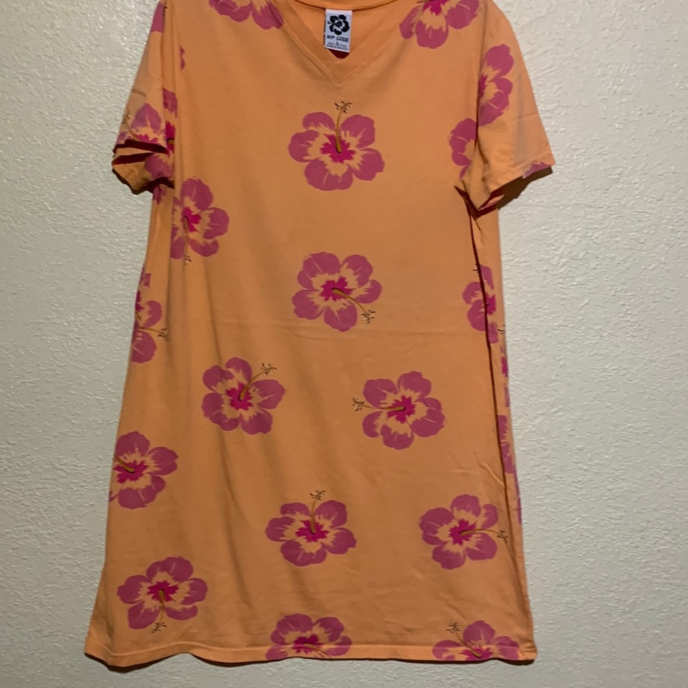 Zip Code T-Shirt Dress  Orange Pink Floral Size L 100% Cotton